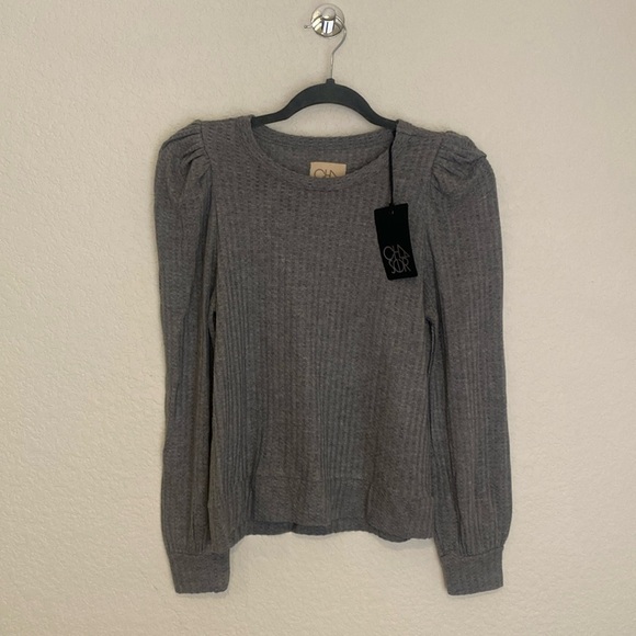 CHASER Grey Waffle Knit Puff Sleeve Long Sleeve Thermal NWT - Picture 2 of 6